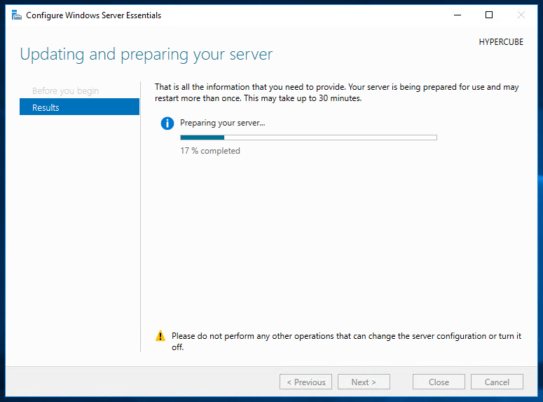 "Configure Windows Server Essentials" Stuck at 17%