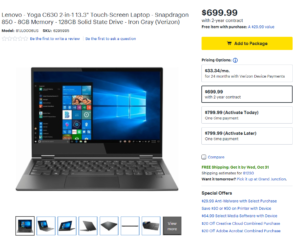Screenshot of the Best Buy website showing pricing and avialibility of the Lenovo Yoga C630 WOS