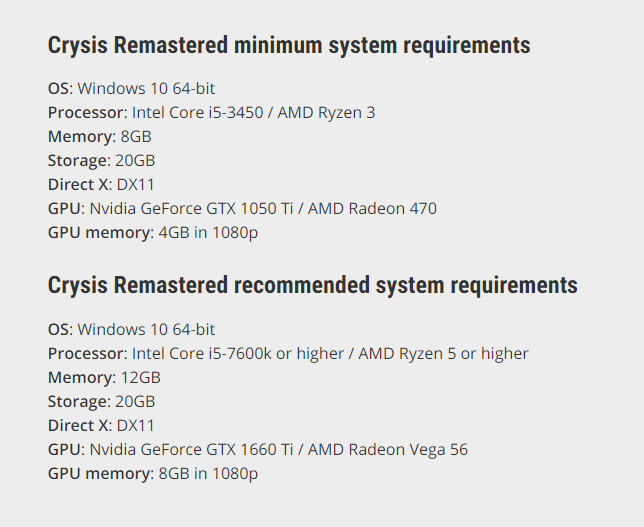 Crysis Remastered System Requirements