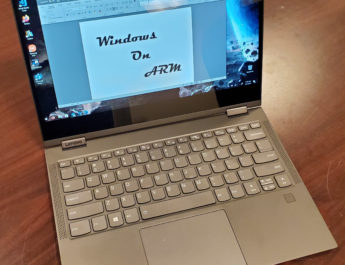 Lenovo Yoga C630 WOS with MS Word open, text in document reads "Windows on ARM".