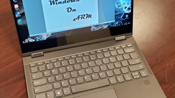 Lenovo Yoga C630 WOS with MS Word open, text in document reads "Windows on ARM".